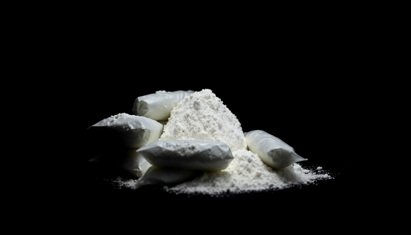 An extreme close-up photograph of several tightly wrapped packages of white powder against a pitch-black background, conceptually illustrating the discovery of a large cocaine seizure at the border.