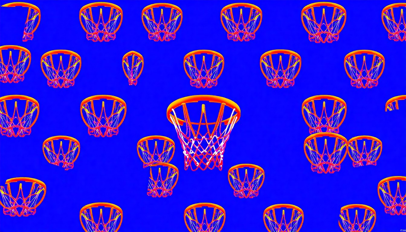 A bold, abstract silkscreen illustration featuring a repeated pattern of a basketball hoop in vibrant neon colors, conceptually representing the sports and recreation facilities at the renovated Bess Activity Center.