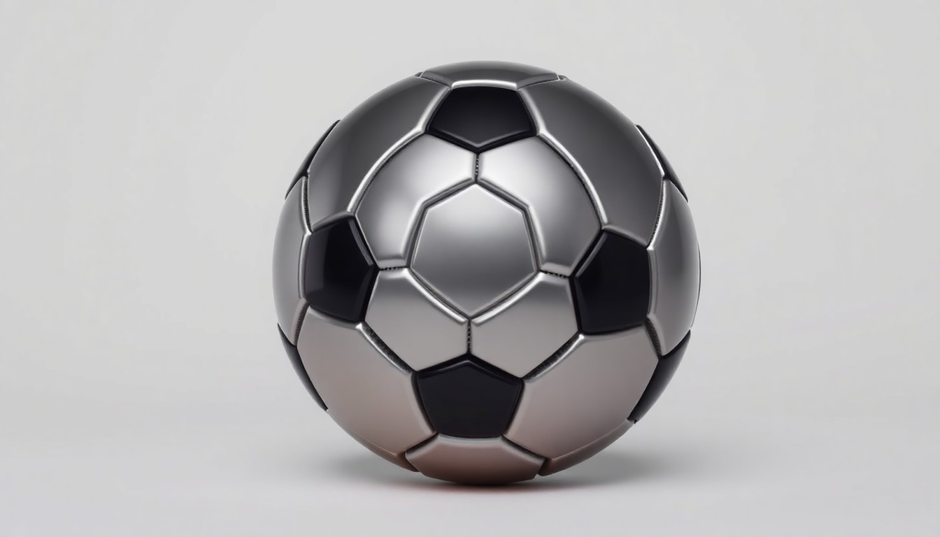A high-end, photorealistic studio still-life photograph featuring a sleek, modern soccer ball made of premium materials like polished metal and leather, floating on a clean, monochromatic seamless background with dramatic lighting and sharp shadows to represent the strategic business partnership between SEGG Media and Soccerex.