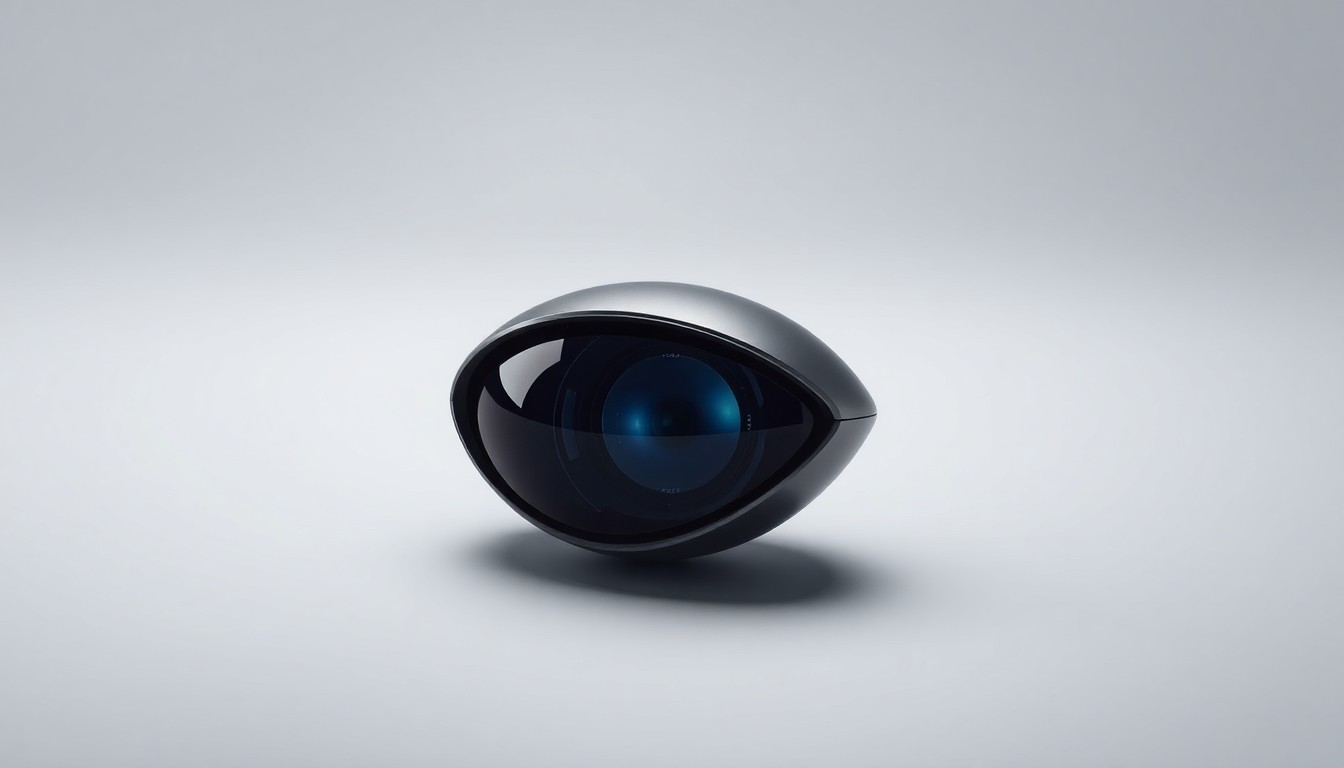 A close-up of a shiny, metallic car sensor lens floating on a plain, monochromatic background, conveying the abstract, technological nature of Tesla's autonomous driving efforts.