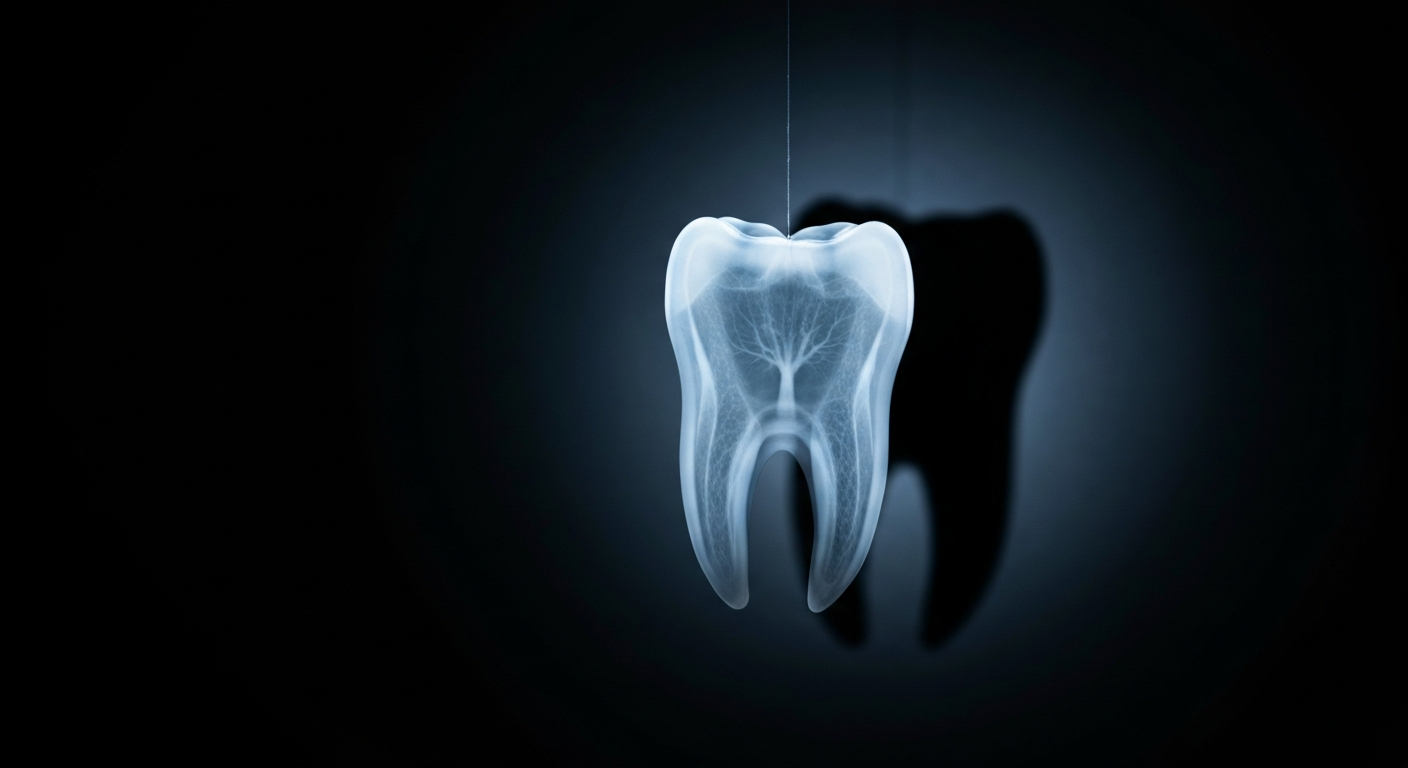 A highly detailed, translucent X-ray image of a human tooth, showing its complex internal structure in glowing lines against a dark background, conceptually representing the advanced dental technology available at the new Chicago Dental Studio location.
