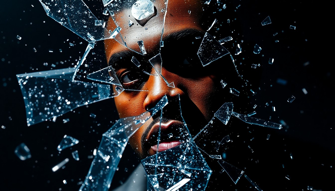An abstract, high-contrast close-up image of shattered glass and sequins, conveying the fractured public image and fallen celebrity status of Kanye West.