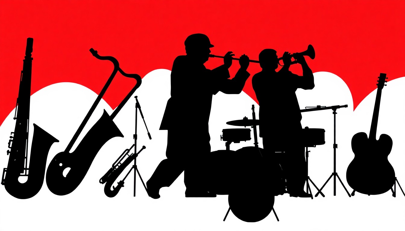 An abstract, minimalist illustration featuring sharp, angular black silhouettes of jazz instruments like saxophones and trumpets, set against a high-contrast background of deep red and bright white. The composition has a bold, graphic style reminiscent of the work of designer Saul Bass.