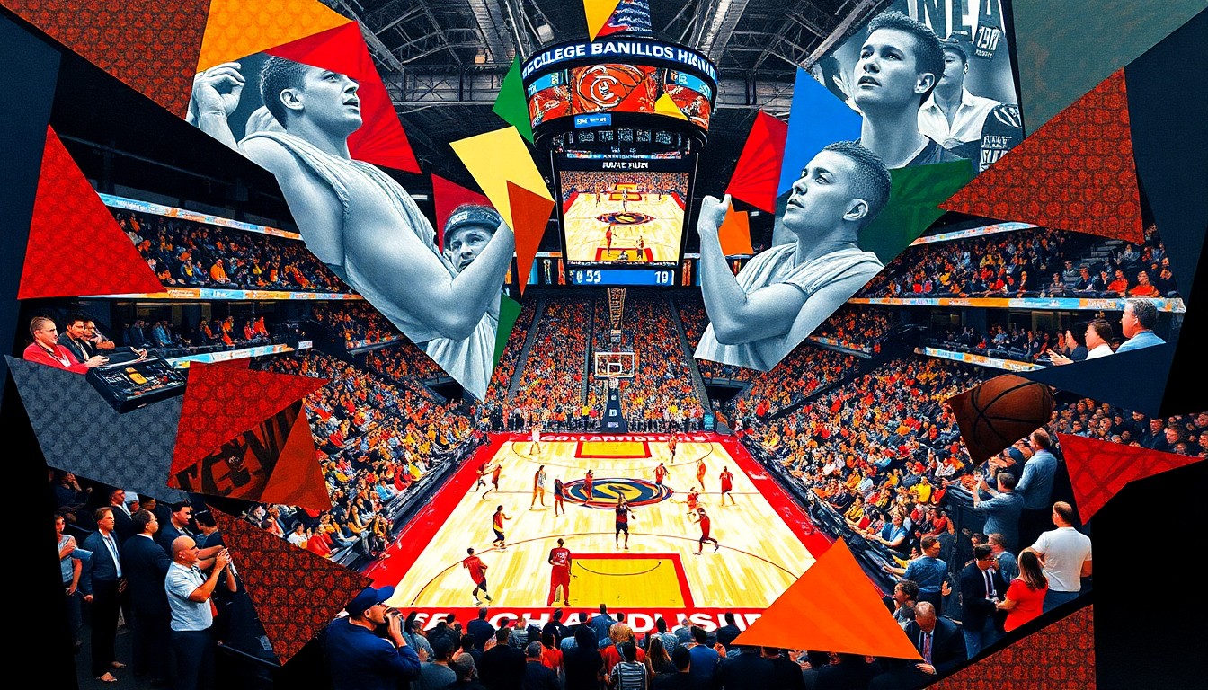 A fragmented, geometric painting depicting the intense energy and motion of a college basketball championship game, with players' forms broken down into sharp, overlapping shapes and planes of vivid color.