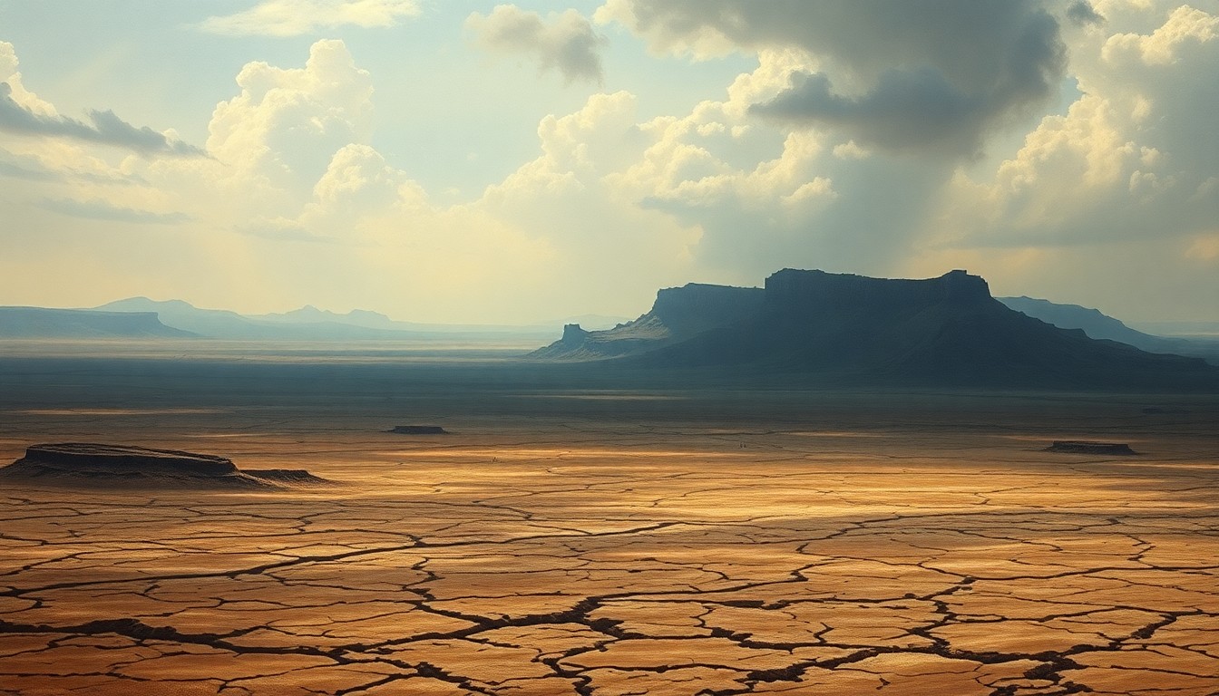 A vast, atmospheric landscape painting depicting a parched, cracked earth under a dramatic, hazy sky, conveying the overwhelming scale and melancholic mood of an extreme drought.