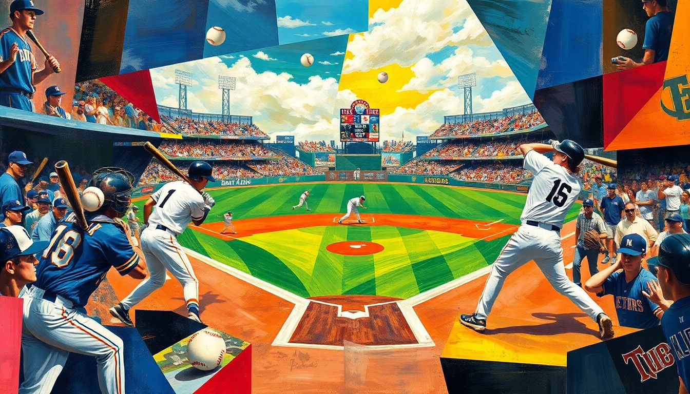 A cubist, geometric painting depicting the dynamic action of a college baseball game, with fragmented shapes and planes representing players, bats, and baseballs in motion, conveying the energy and excitement of the Clemson-Stanford matchup.