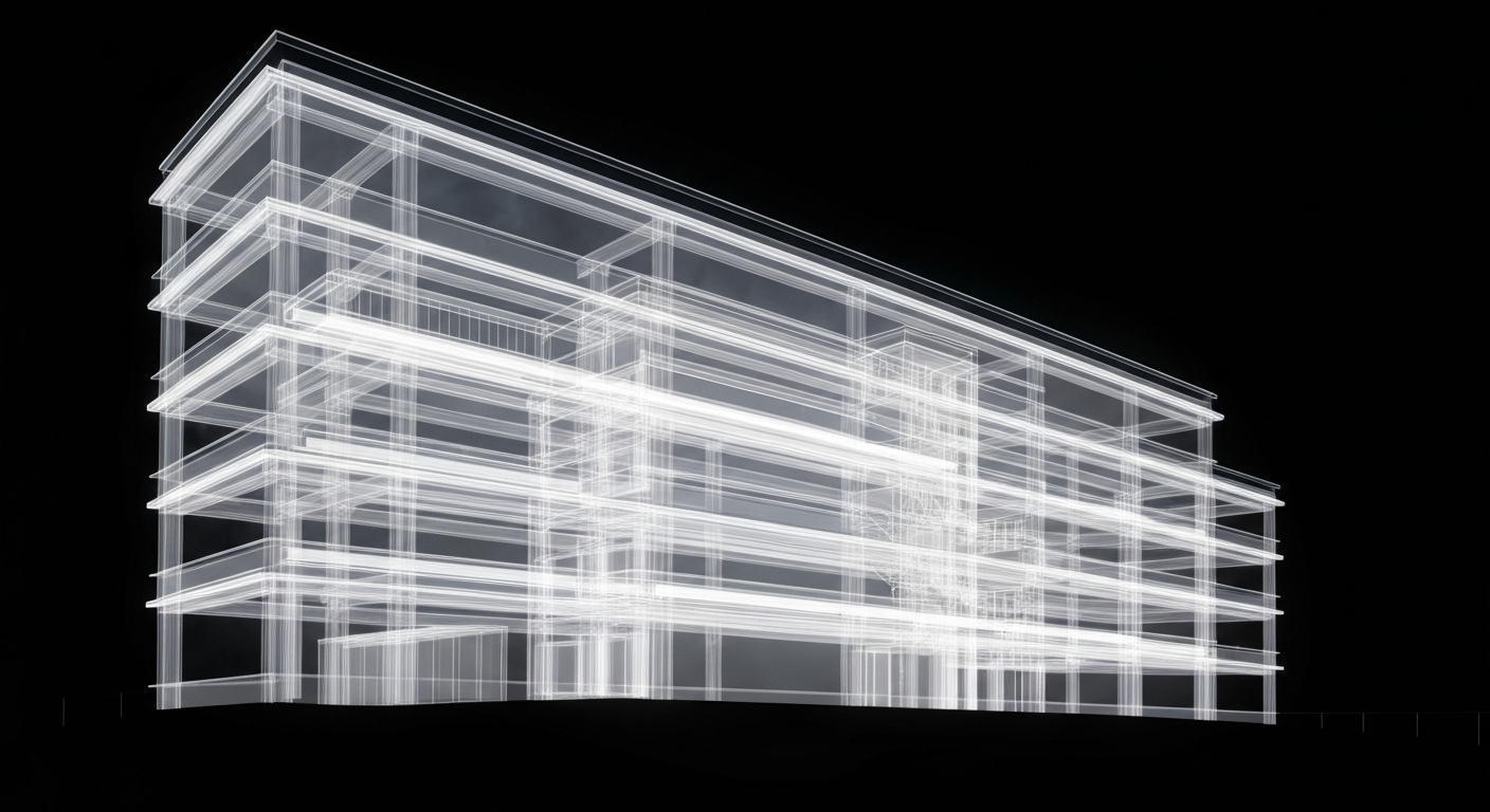 A translucent, ghostly X-ray-style image revealing the internal structure and layout of a freestanding emergency department building, with glowing lines and shapes representing the facility's exam rooms, imaging suite, and other medical capabilities.