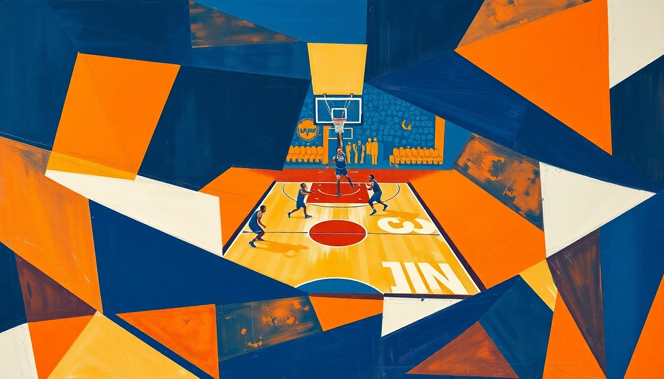 A cubist, geometric painting depicting a basketball game in motion, with sharp, overlapping planes of navy blue, orange, and white conveying the intensity and drama of the NIT championship game.