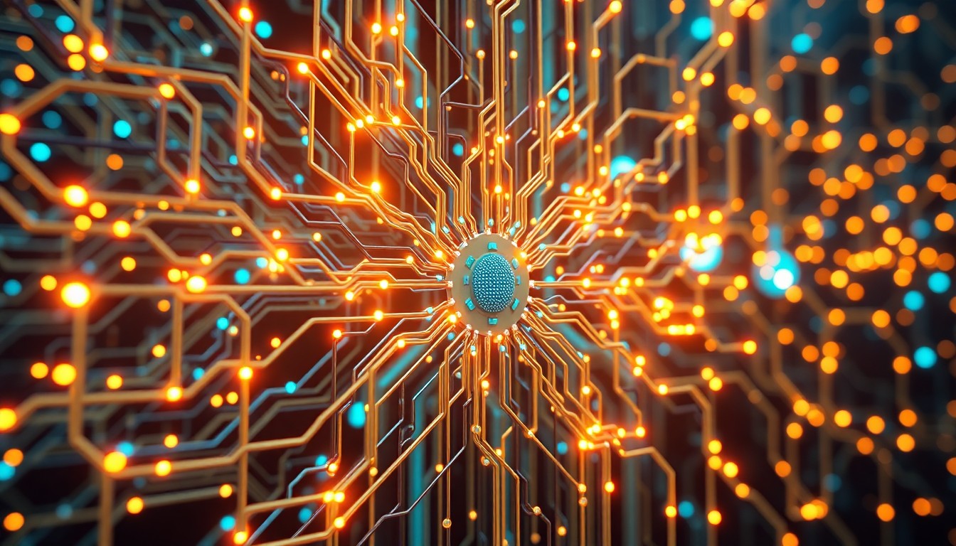 A highly detailed, glowing 3D illustration of a futuristic neural network or AI infrastructure, with intricate circuits, pulsing lights, and a sense of technological complexity, conceptually representing the power and potential of AI while also hinting at the philosophical questions surrounding its impact on human expression.