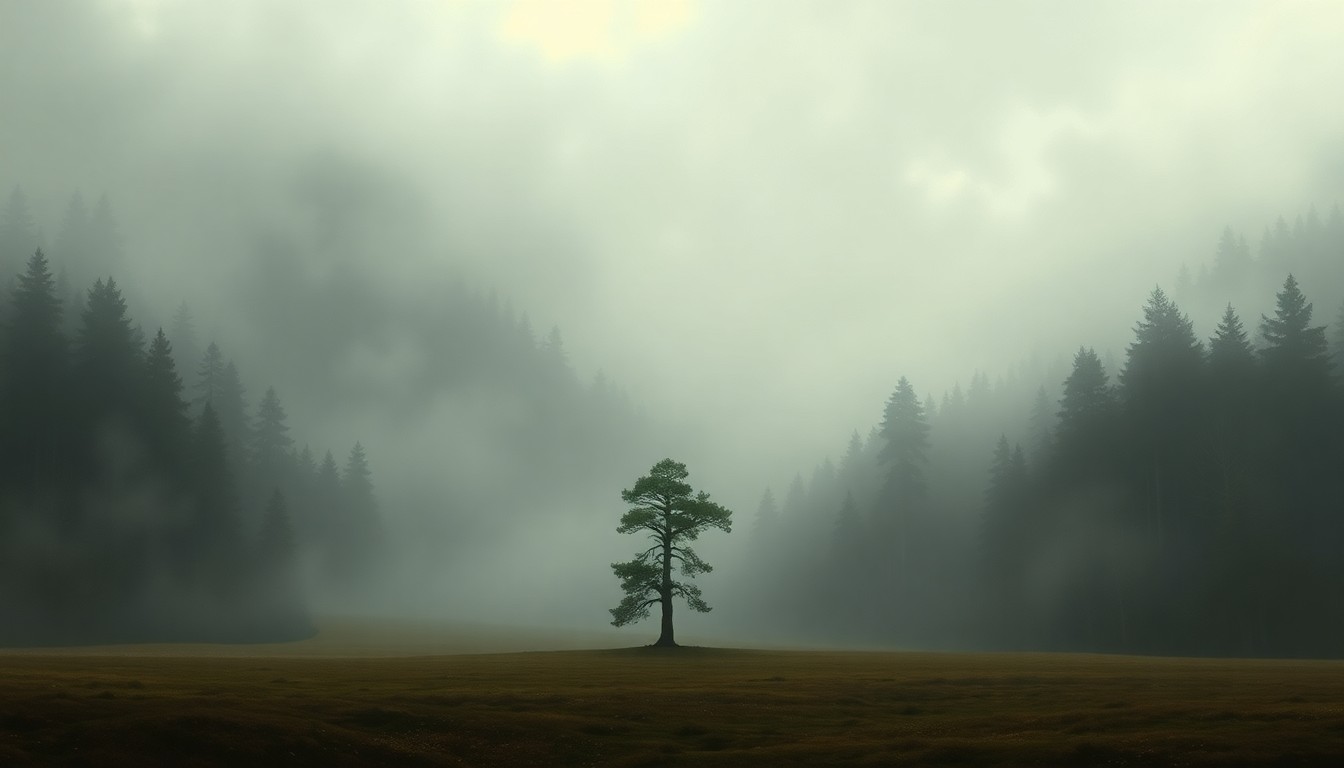 A vast, atmospheric landscape painting in muted tones of grey, green, and blue, depicting a solitary tree in a misty forest clearing, conveying a sense of the sublime power of nature.