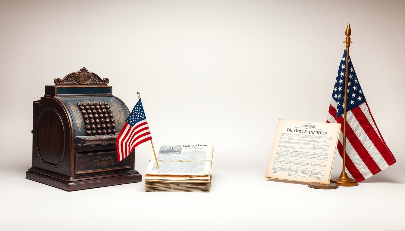 A minimalist studio still life featuring a vintage cash register, historical documents, and a small American flag, symbolizing the history, community pride, and economic vitality of a Midwestern town.