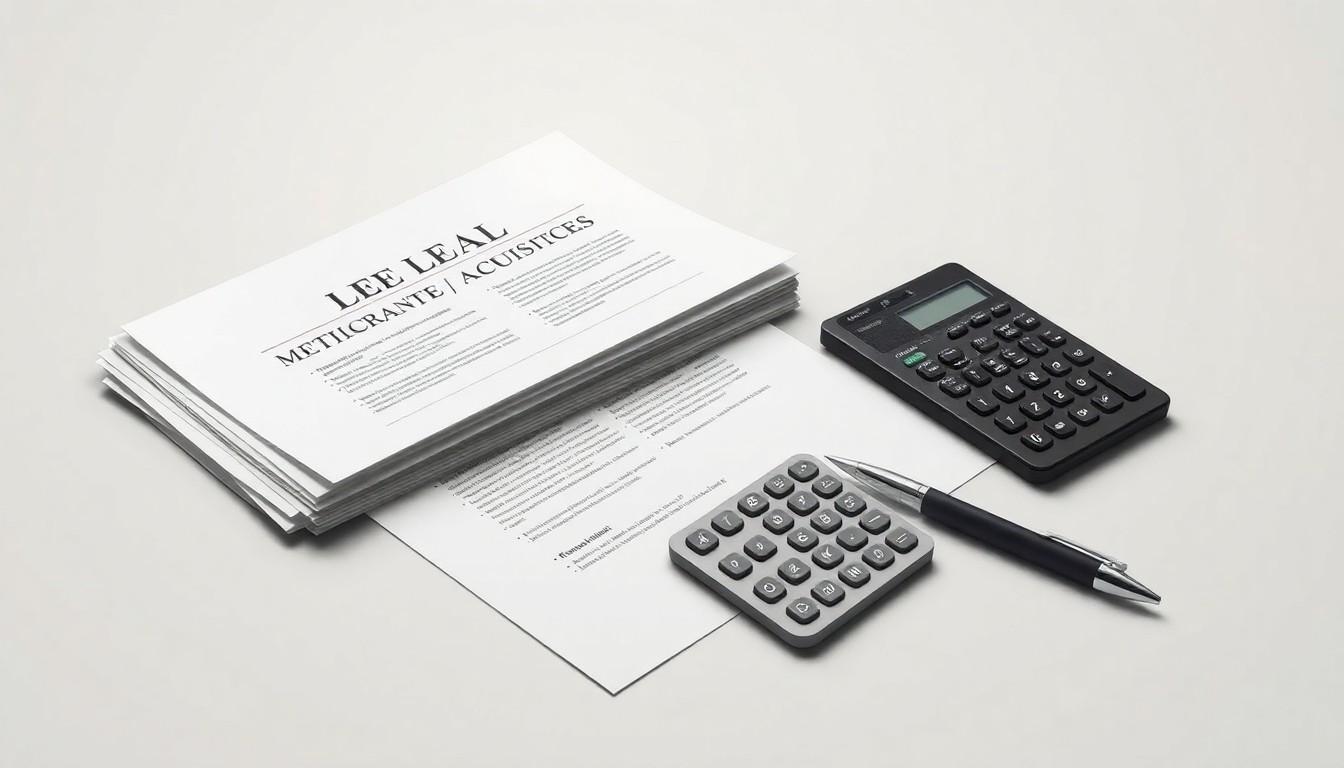 A photorealistic studio still life featuring a stack of legal documents, a calculator, and a pen arranged on a clean, monochromatic background, symbolizing the corporate legal and financial analysis involved in a merger and acquisition transaction.