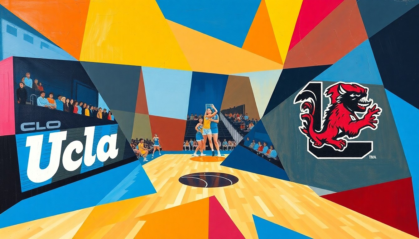 A fragmented, cubist-style painting depicting a women's basketball game, with sharp, overlapping geometric shapes in the team colors of UCLA and South Carolina, conveying the fast-paced action and competitive spirit of the national title contest.
