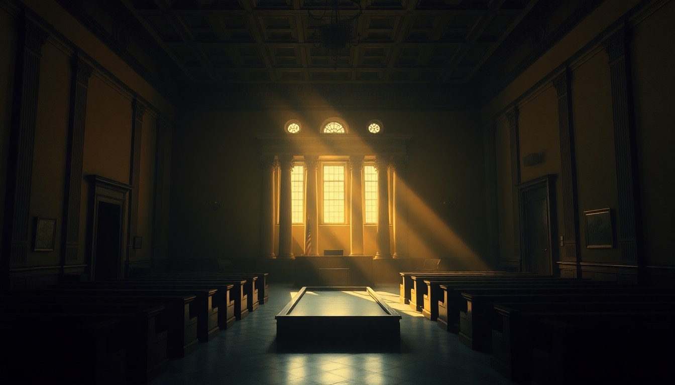 A dimly lit, cinematic painting of an empty government office or courtroom interior, with warm sunlight streaming through windows and deep shadows, conveying a sense of the weight of history and the ongoing legal struggle for accountability.
