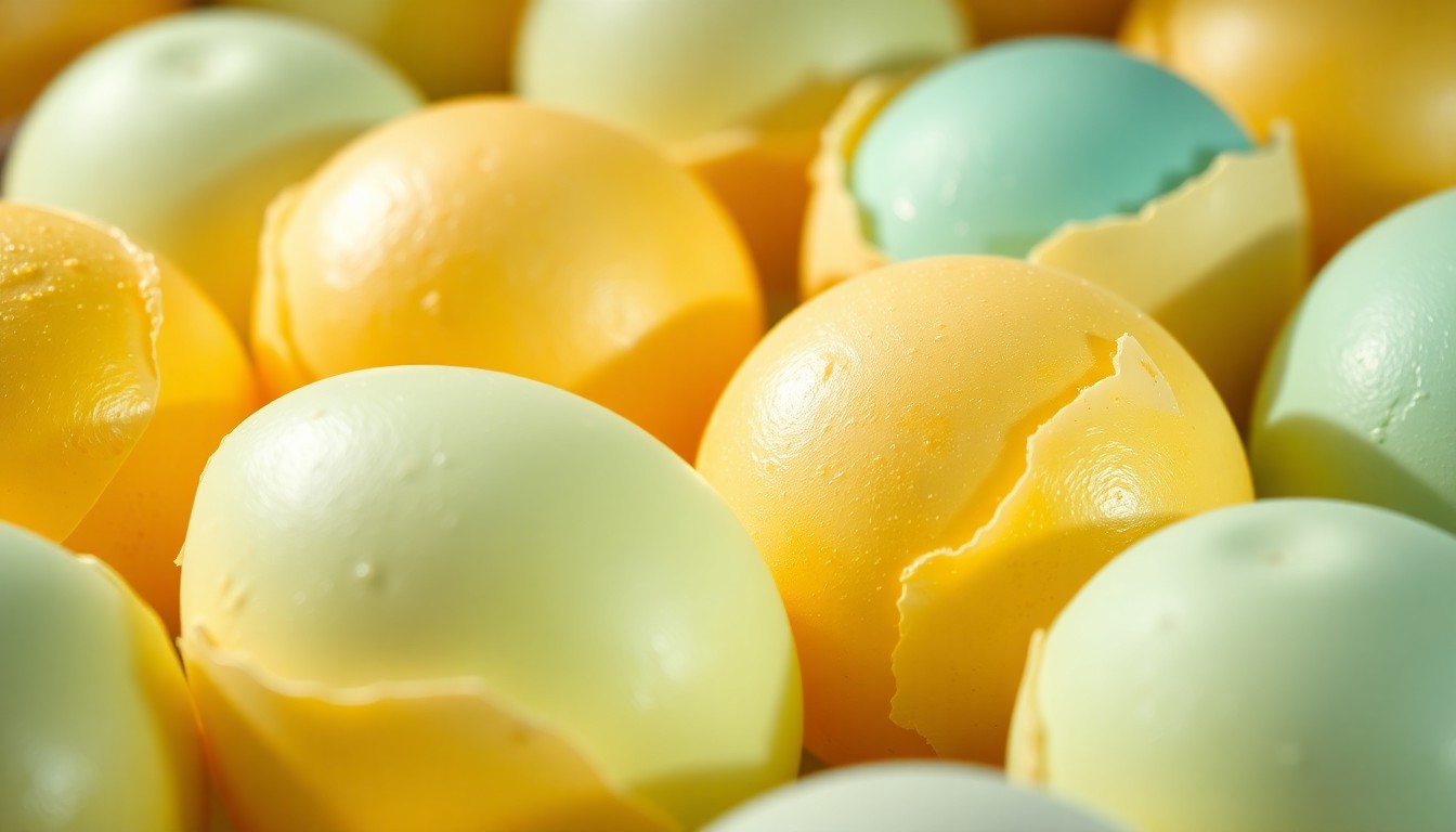 An abstract close-up photograph of intricately textured, shimmering Easter egg shells in vibrant pastel hues, captured with dramatic high-contrast studio lighting to create a luxurious, high-fashion aesthetic.