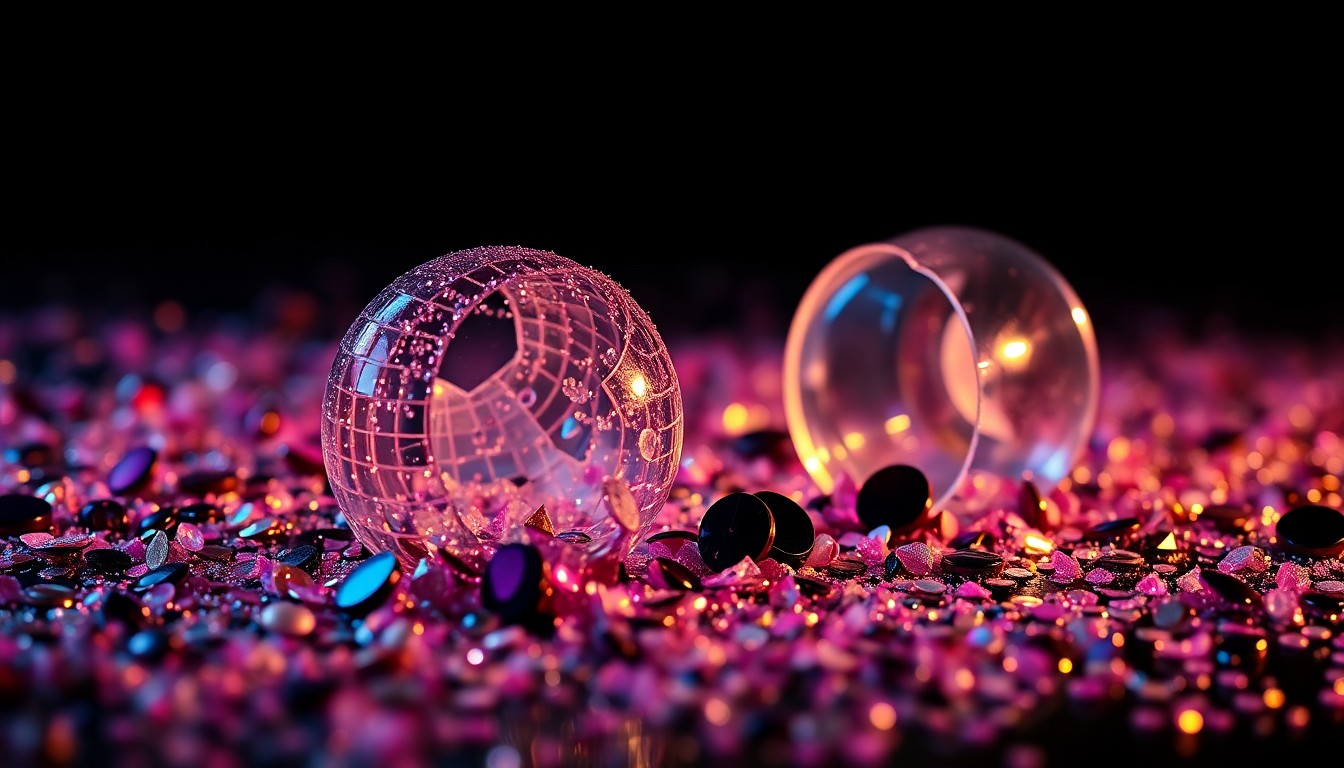 An extreme close-up of glittering sequins and shattered disco glass, captured in dramatic, high-contrast studio lighting to create a conceptual, glamorous visual representation of Ella Langley's hit song.