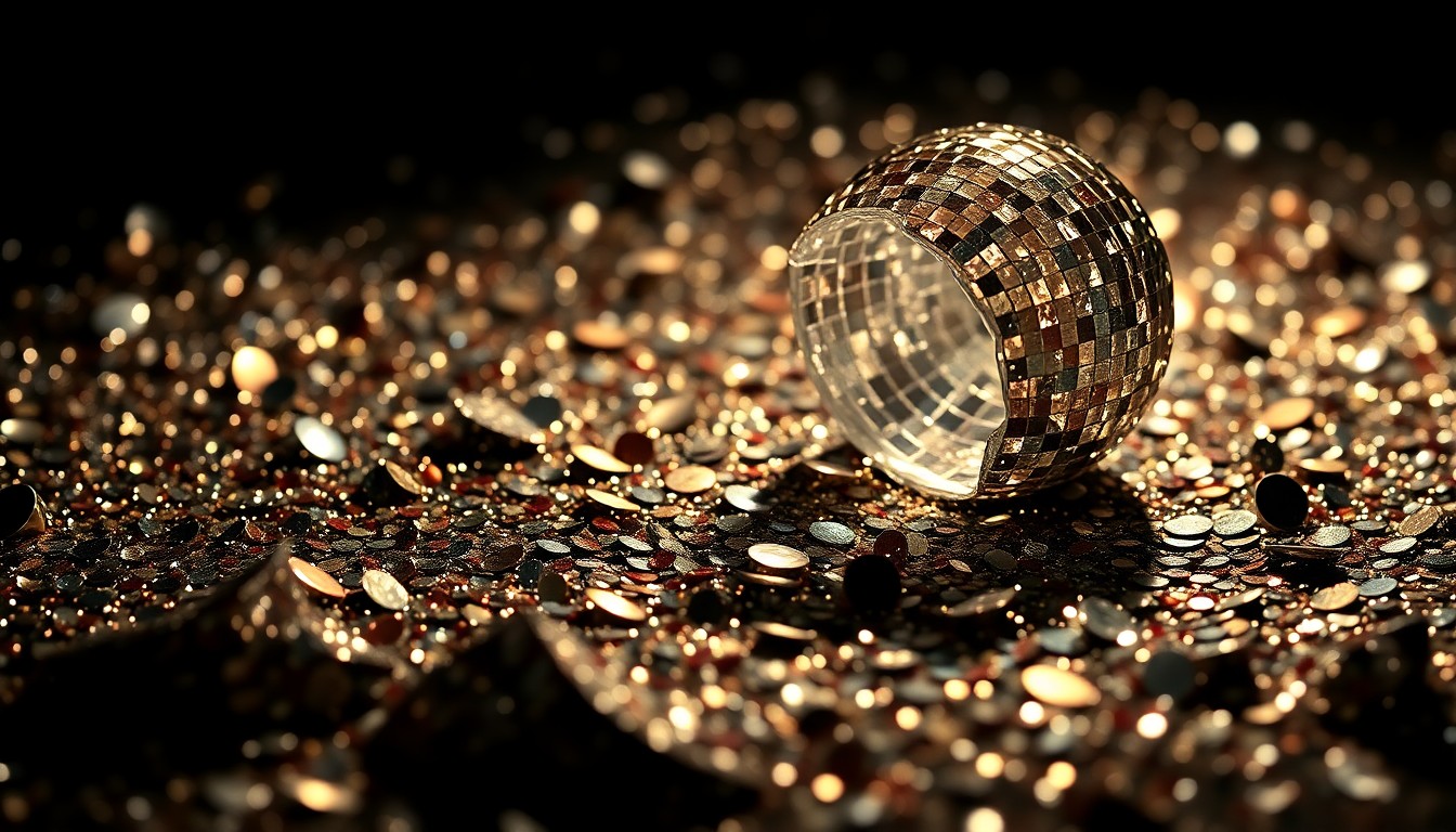 An extreme close-up of shimmering sequins and shattered glass reflecting dramatic studio lighting, conveying the glitzy, high-fashion aesthetic of country music and the personal journey at the heart of Tenille Townes' new album.