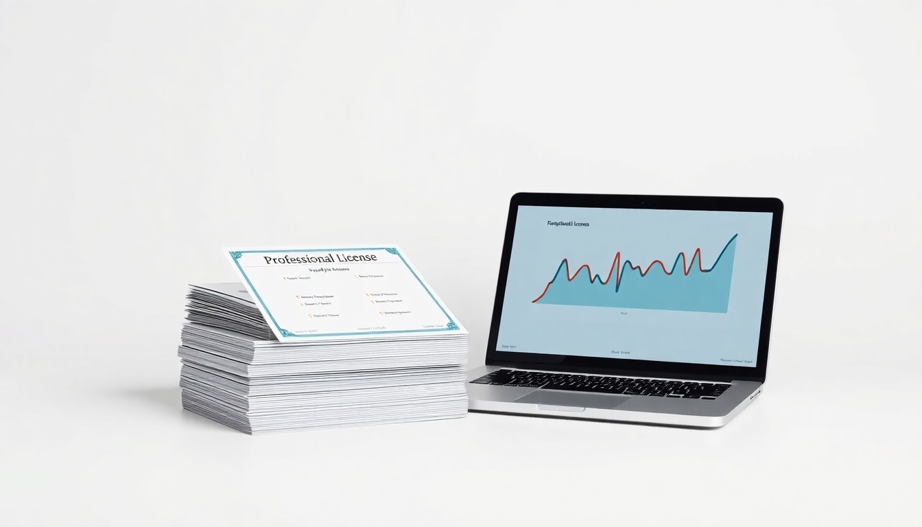 A minimalist studio still life photograph featuring a stack of professional licenses, a laptop, and a stylized graph or chart, all arranged elegantly on a solid white background, conceptually representing the tools and data-driven insights now available to licensed professionals through the expanded MPA platform.