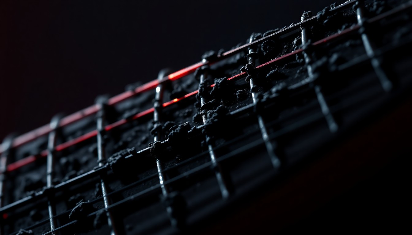 An abstract close-up photograph of heavily textured, gritty black metal guitar strings reflecting a dim red light, conveying the intense, aggressive sound of Lamb of God's music.
