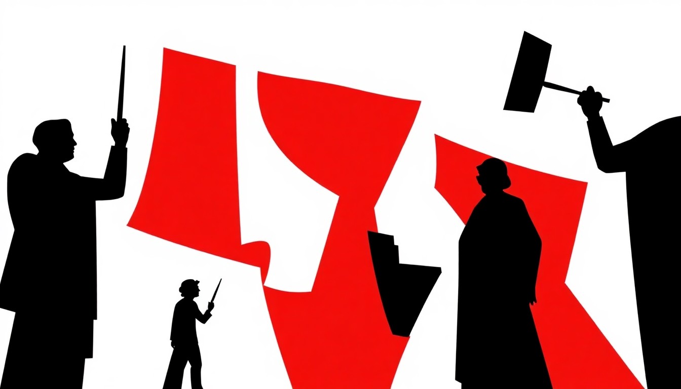 A striking abstract composition of jagged geometric shapes and bold silhouettes in high-contrast red and white, conceptually representing the themes of Margaret Atwood's upcoming lecture.