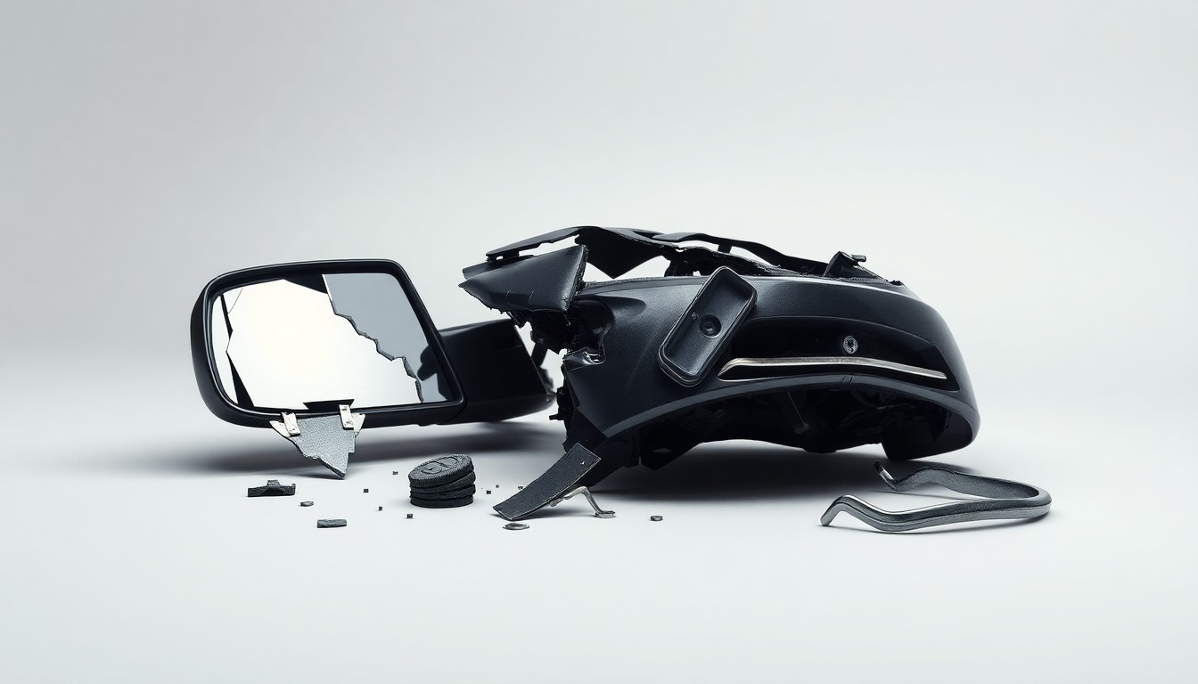 A photorealistic studio still life featuring a shattered car side mirror, a crumpled car fender, and a twisted metal bumper, conceptually representing the financial and corporate liability impact of a serious vehicle collision.