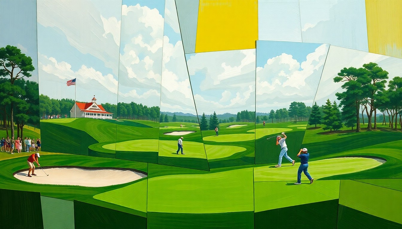 A cubist, geometric painting depicting a college golf tournament, with overlapping planes of green fairways, sand traps, and golfers in motion, conveying the dynamic energy of the competition.