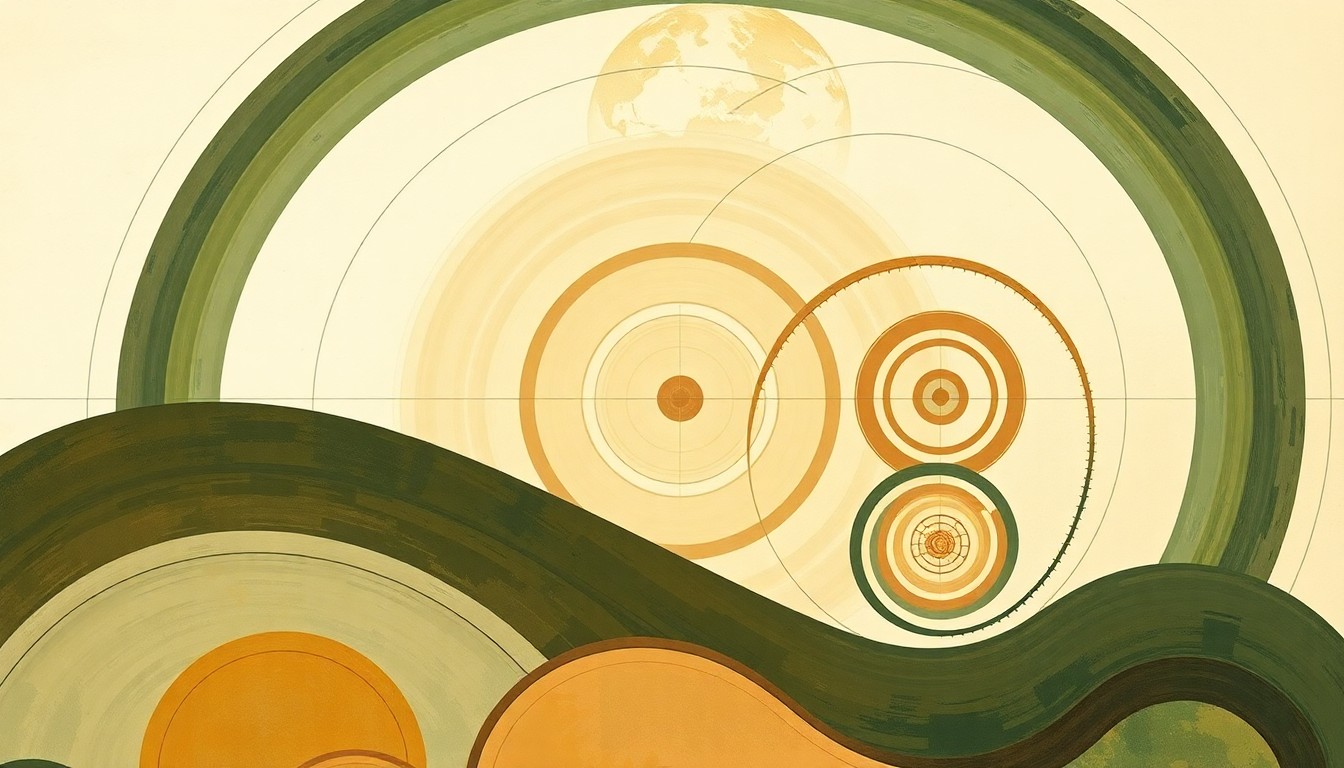 A highly textured, abstract painting featuring sweeping geometric shapes and botanical patterns in earthy tones of green, brown, and ochre, conceptually representing the complex natural systems and interconnected challenges of agricultural pest management.