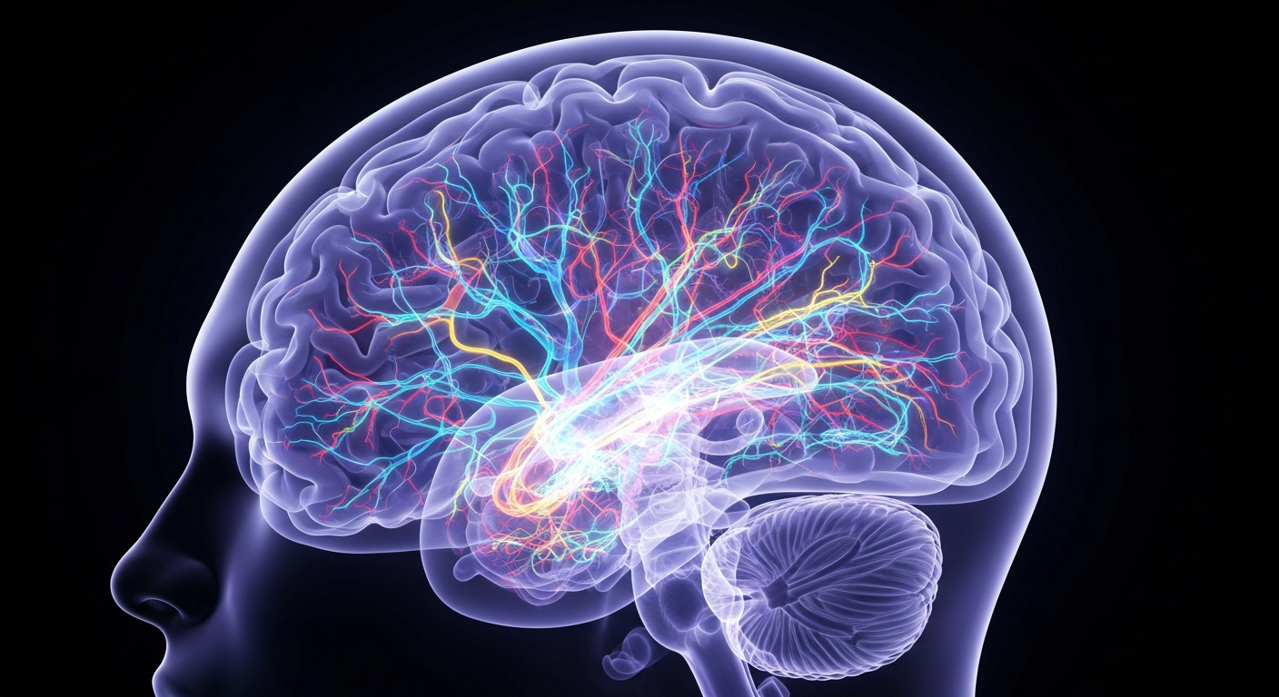 A ghostly, translucent X-ray image of a human brain, revealing the complex neural structures and pathways in vibrant neon-like lines, conceptually representing the importance of mental health and addiction treatment.