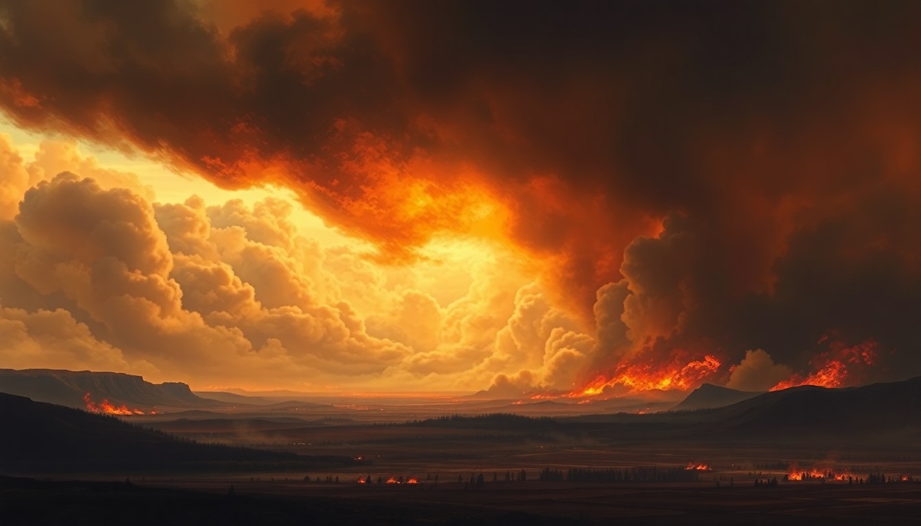 A vast, majestic landscape painting in muted tones, with a raging wildfire in the distance obscured by billowing smoke and haze, conveying the overwhelming scale and power of the natural disaster.