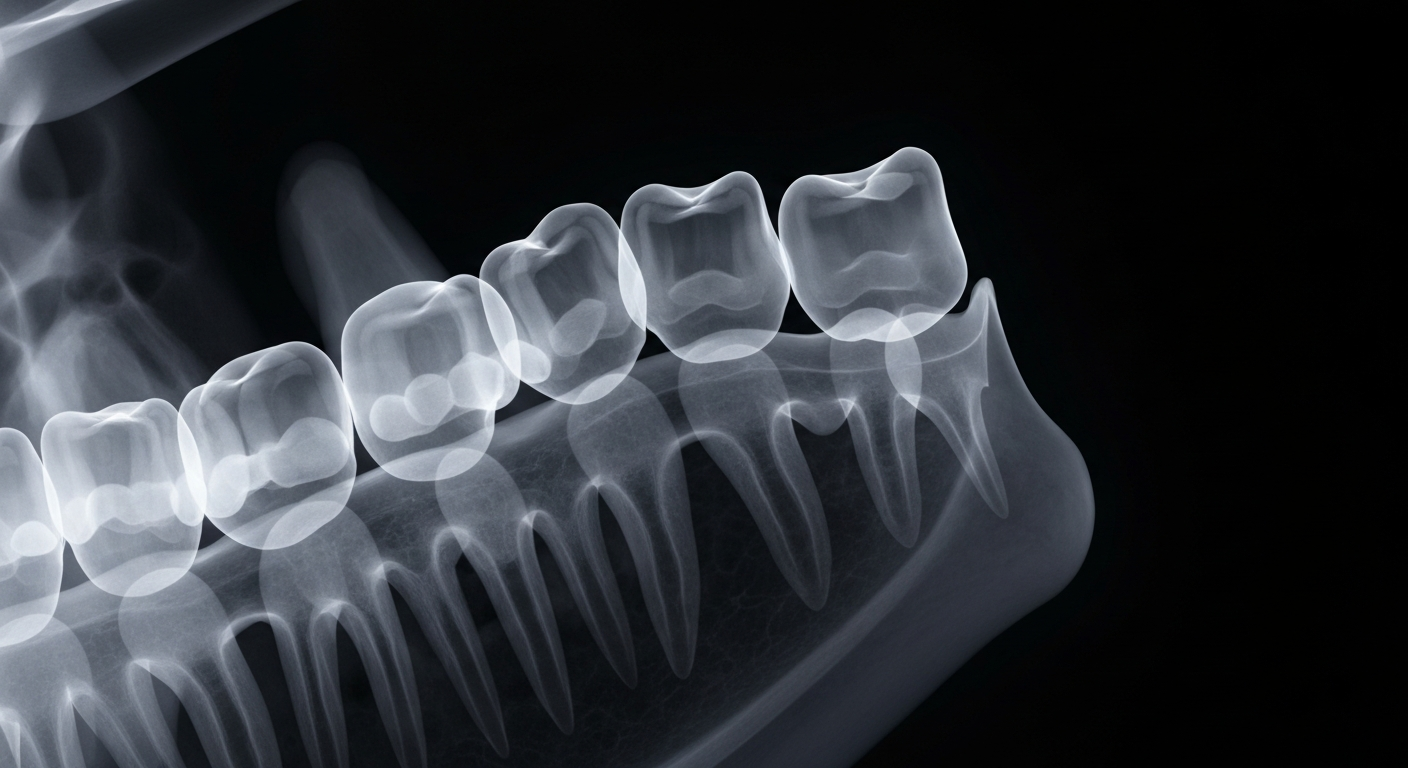 A translucent, ghostly X-ray image of a human tooth and gum structure, glowing against a dark background, conceptually representing the clinical focus of the story.