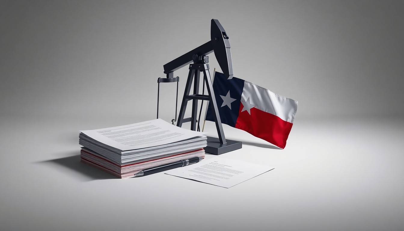 A minimalist studio still life photograph featuring a polished metal oil pump jack, a stack of legal documents, and a Texas state flag, arranged elegantly on a clean, monochromatic background to conceptually represent the corporate strategy and legal implications of Weatherford's headquarters relocation.