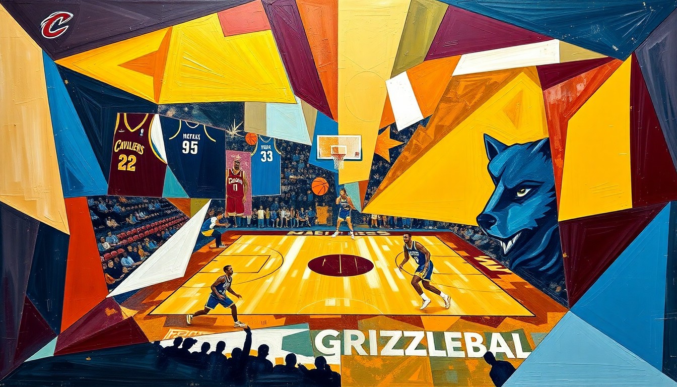 A fractured, multi-perspective painting depicting a basketball game between the Cleveland Cavaliers and Memphis Grizzlies, with sharp geometric shapes and planes in the teams' respective colors representing the fast-paced, high-scoring action on the court.