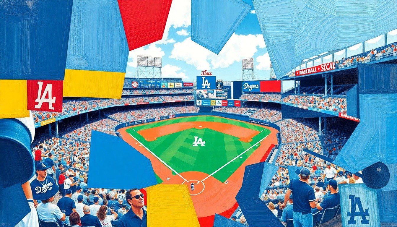 A cubist, geometric painting depicting a baseball game in motion, with overlapping planes of bright blue, white, and red colors representing the Dodgers' dynamic offense and resilience.