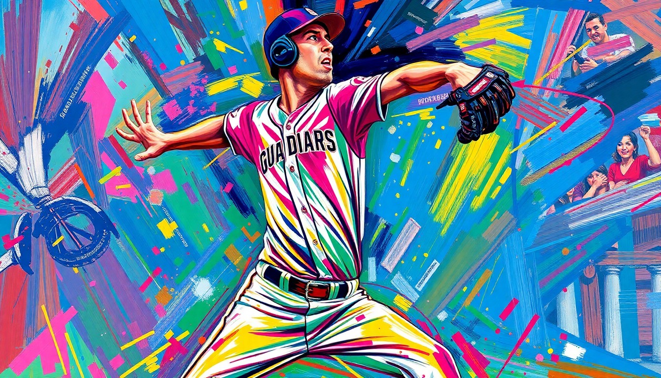 An abstract, expressionist painting in vibrant neon colors capturing the dynamic motion and energy of a Guardians starting pitcher on the mound.