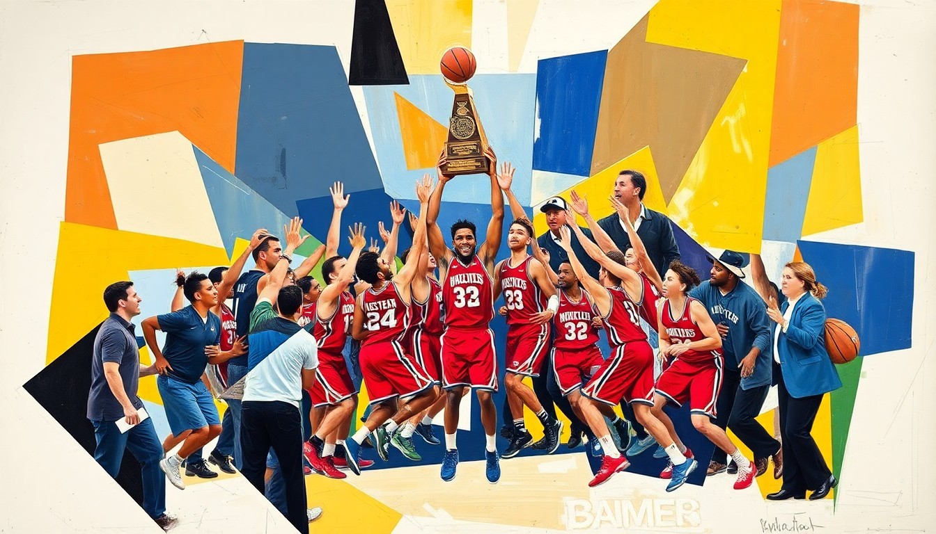 An abstract, cubist-style painting depicting the energy and movement of a college basketball championship celebration, with the players' forms fractured and overlapping in a vibrant, geometric composition.