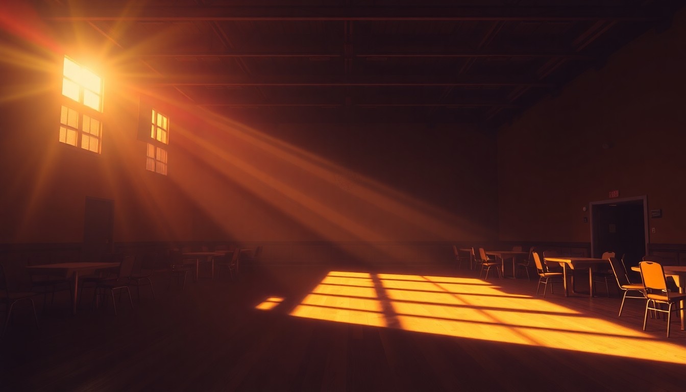 A warm, cinematic painting of an empty banquet hall or community center space, with diagonal sunlight streaming through the windows and deep shadows, capturing the nostalgic atmosphere of a political party fundraiser event.