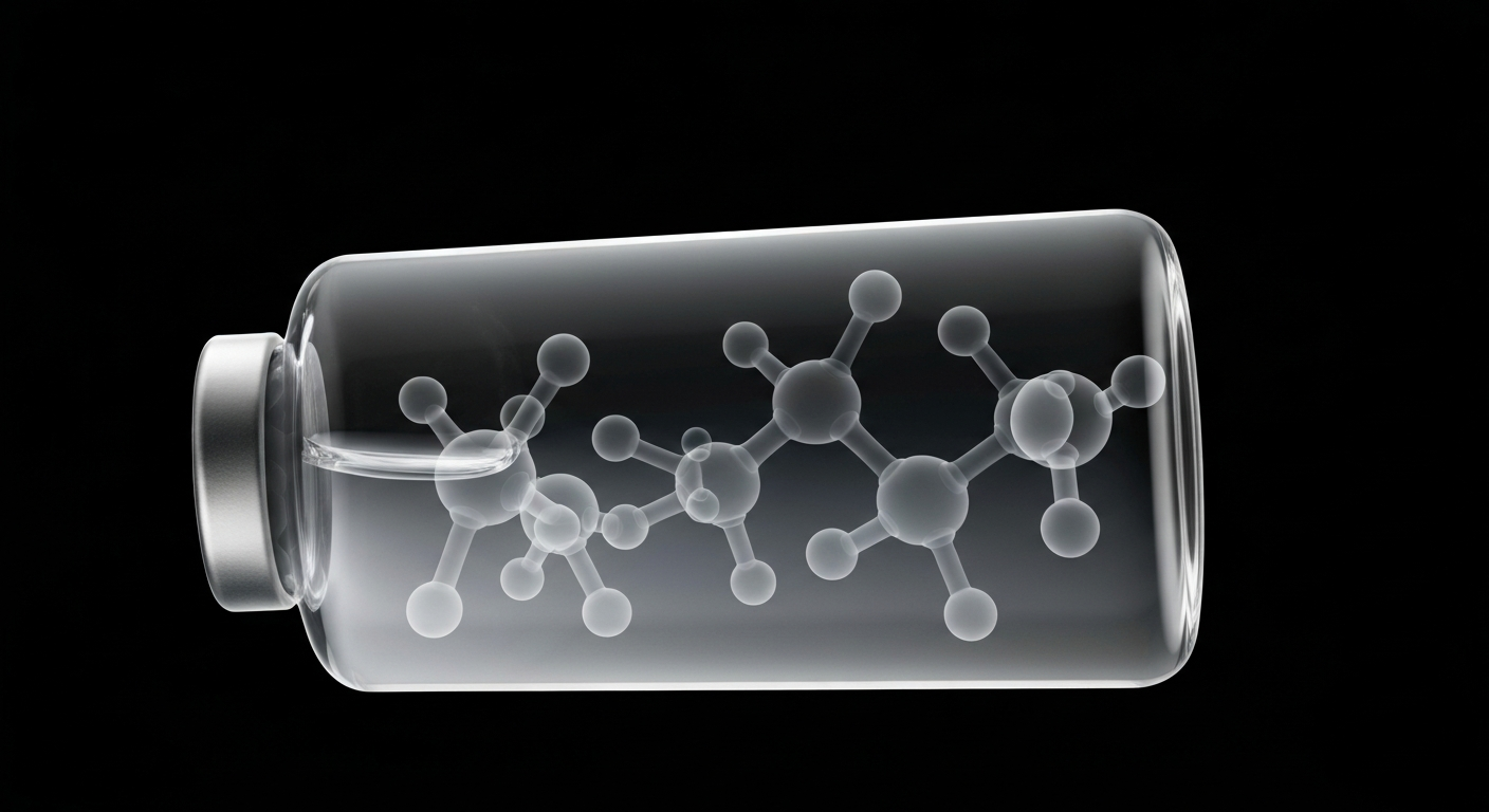 An extreme macro, translucent X-ray photograph revealing the internal molecular structure of a glass vial of clear liquid medication as glowing, ghostly lines against a dark background, conceptually representing the company's new preservative-free ketamine product.