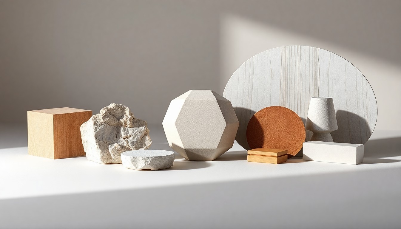 A high-end, photorealistic studio still-life photograph featuring a selection of polished, geometric shapes in muted tones, representing the quality and craftsmanship of Hatch Homes' fiber cement siding installation.