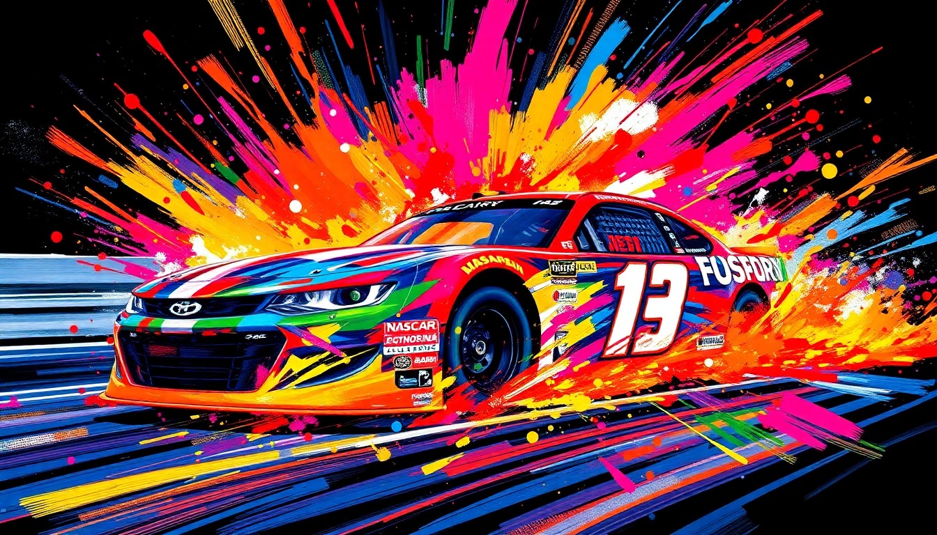 An abstract, expressionist painting in vibrant neon colors, capturing the intense motion and energy of a NASCAR race with a car and driver blending into unrecognizable brushstrokes.