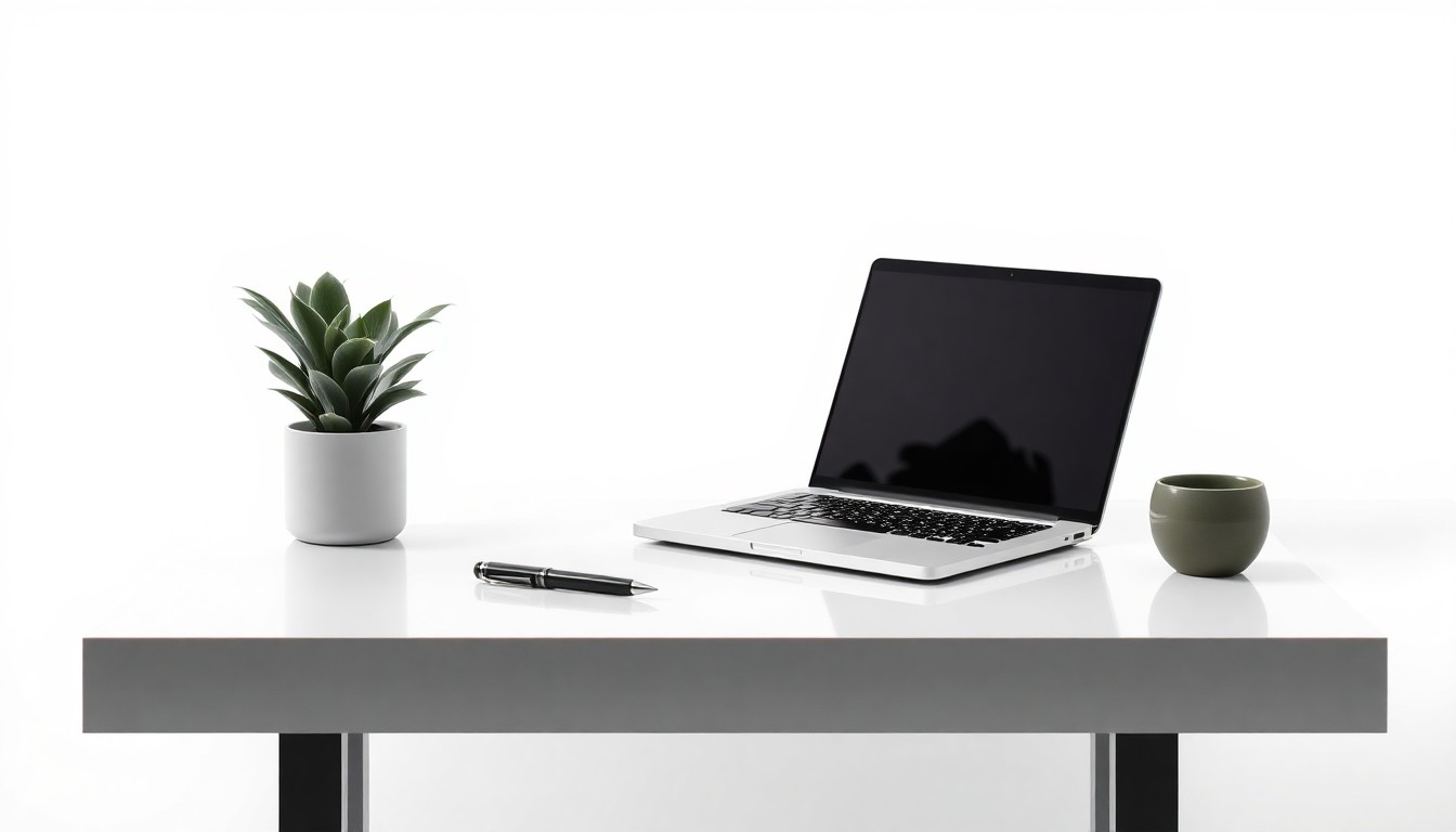 A high-end, minimalist studio still life photograph featuring a sleek desk setup with a laptop, pen, and potted plant, conceptually representing the professional, corporate nature of the talent management industry.