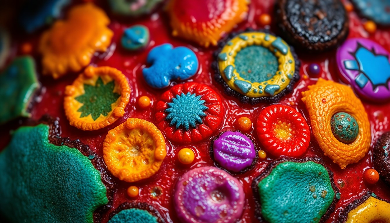 An extreme close-up photograph of various colorful and textured pimple patches, including designs resembling mushrooms, daisies, jelly beans, and bubbles, shot with dramatic studio lighting to create a glamorous, high-fashion aesthetic.