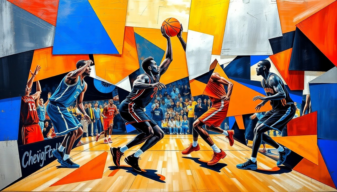A cubist, geometric painting depicting the fragmented forms of basketball players in motion, with sharp planes of color and overlapping shapes representing the disruption caused by the Lakers' injury crisis.