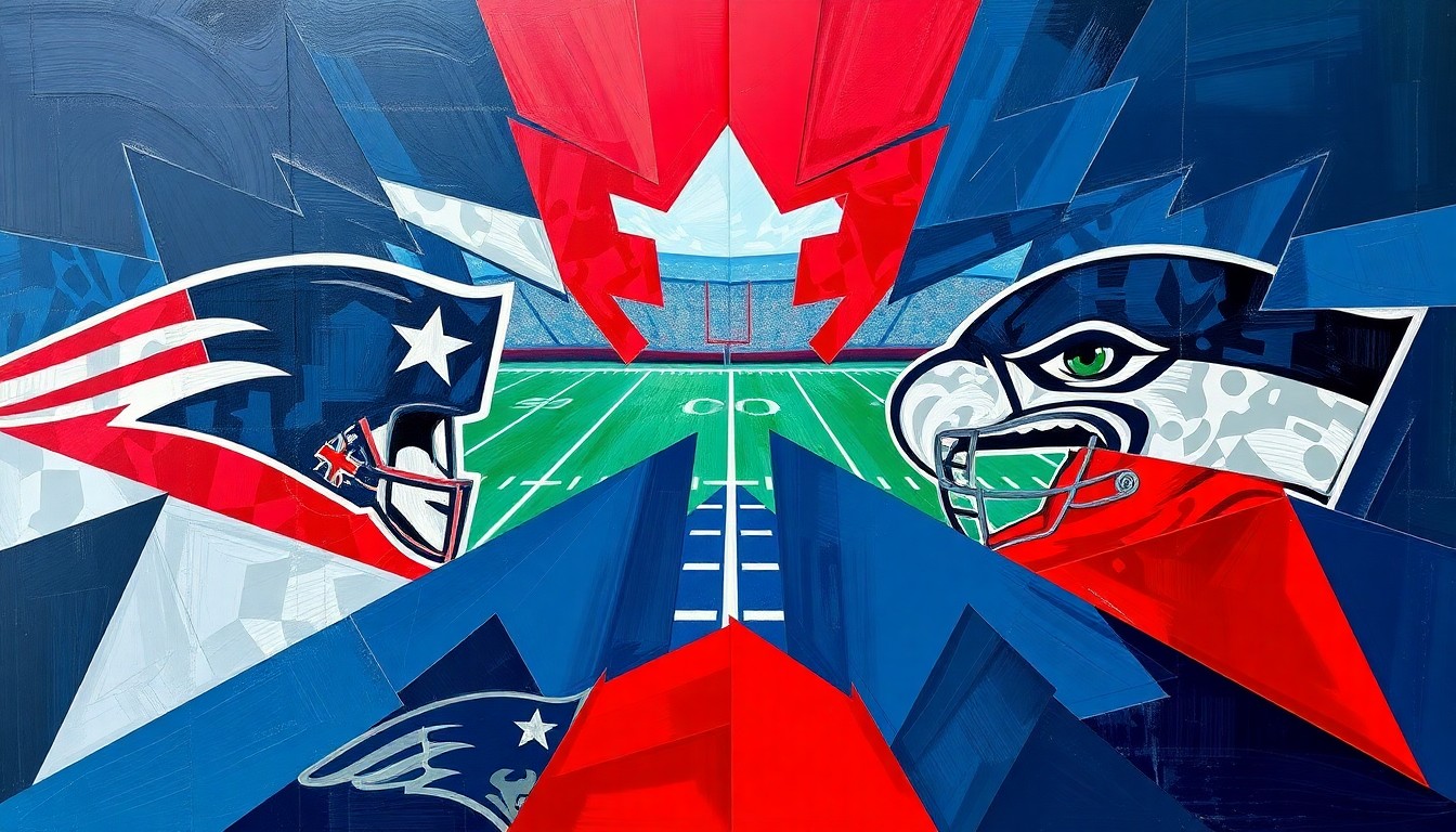 A cubist, geometric painting depicting a football game between the Patriots and Seahawks, with the players and field broken down into sharp, overlapping planes of navy blue, red, and silver.