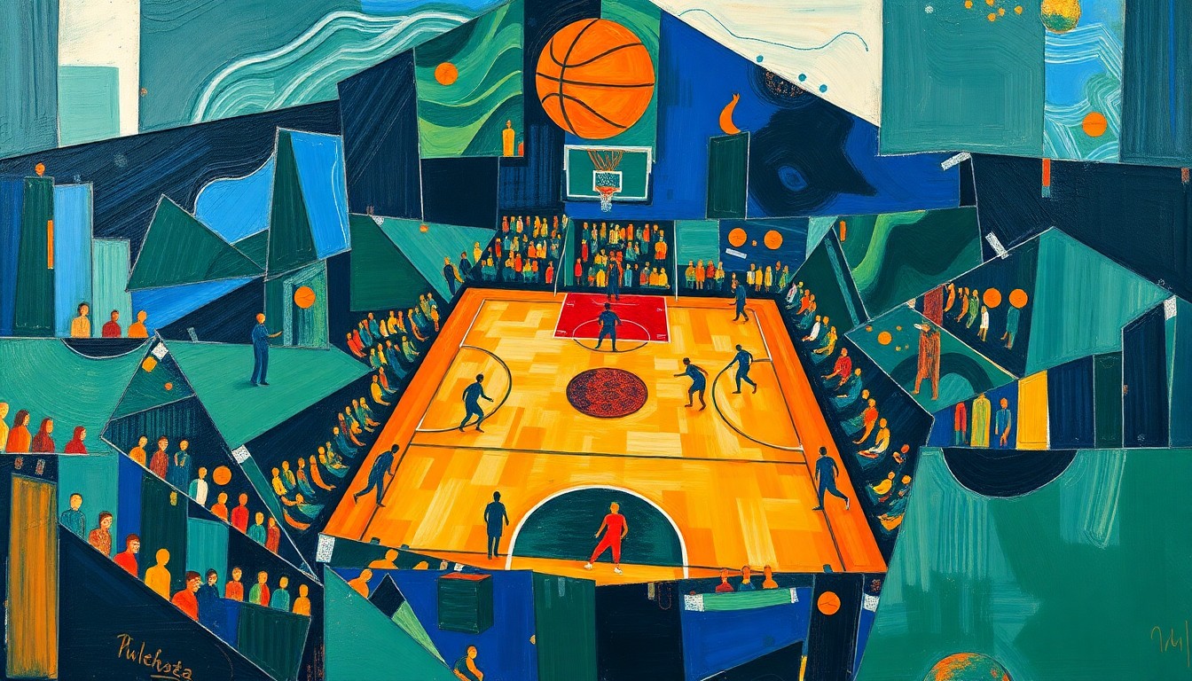 A fragmented, cubist-style painting depicting a basketball game, with the players and court broken down into sharp, overlapping geometric shapes in shades of blue, green, and orange, creating a sense of motion and chaos.