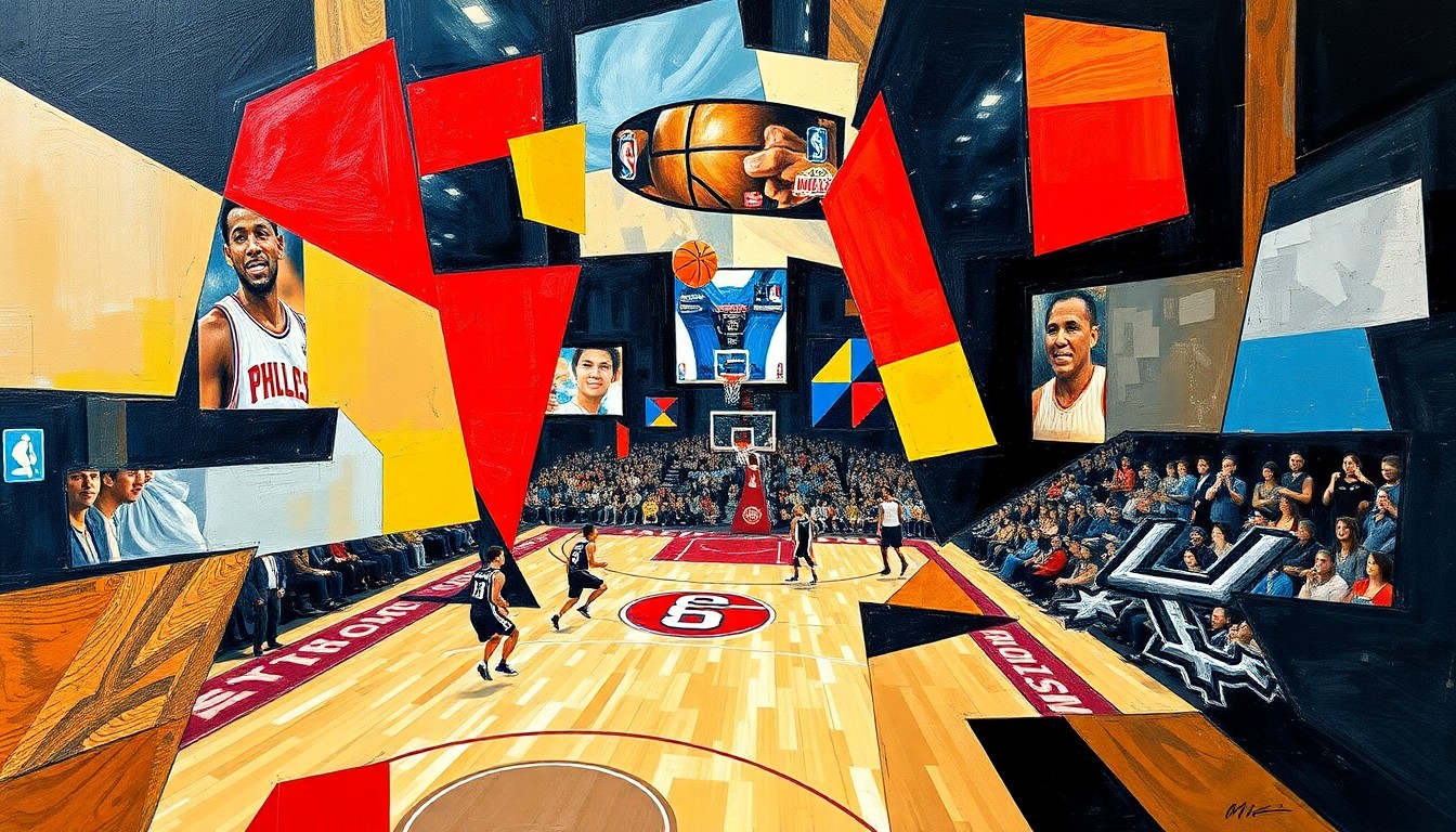 A fragmented, geometric painting depicting a basketball game, with sharp planes of color and form representing the action on the court, without any recognizable players or team branding.