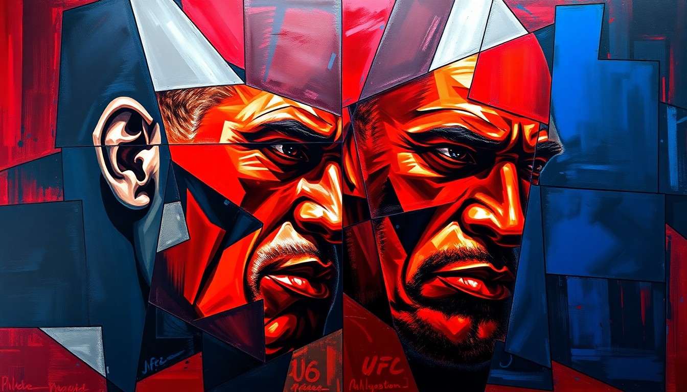 A fragmented, geometric painting depicting a UFC light heavyweight title fight, with sharp planes of navy, red, and silver creating a sense of explosive action and movement.