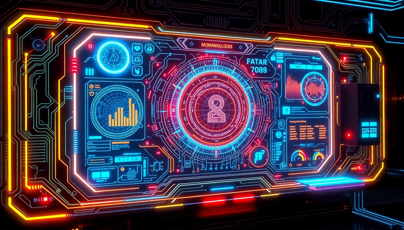A highly detailed, glowing 3D illustration of a futuristic cybersecurity control panel with pulsing neon lights, intricate circuitry, and holographic data visualizations, conceptually representing the advanced technology behind Cyber Safely's digital protection services.