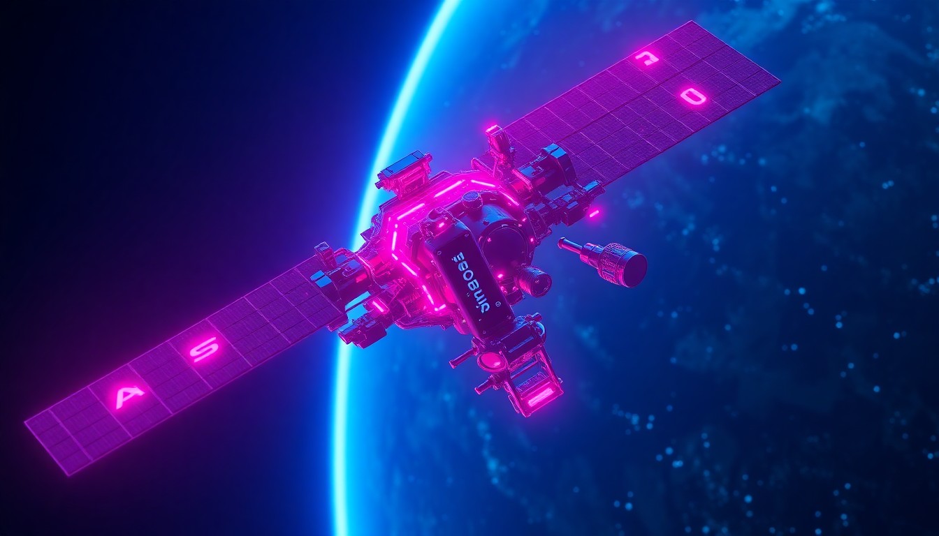 A highly detailed, glowing 3D illustration of a futuristic satellite network in orbit, with intricate hardware and infrastructure illuminated by neon cyan and magenta lights, conceptually representing the advanced technology behind AST SpaceMobile's space-based cellular network.