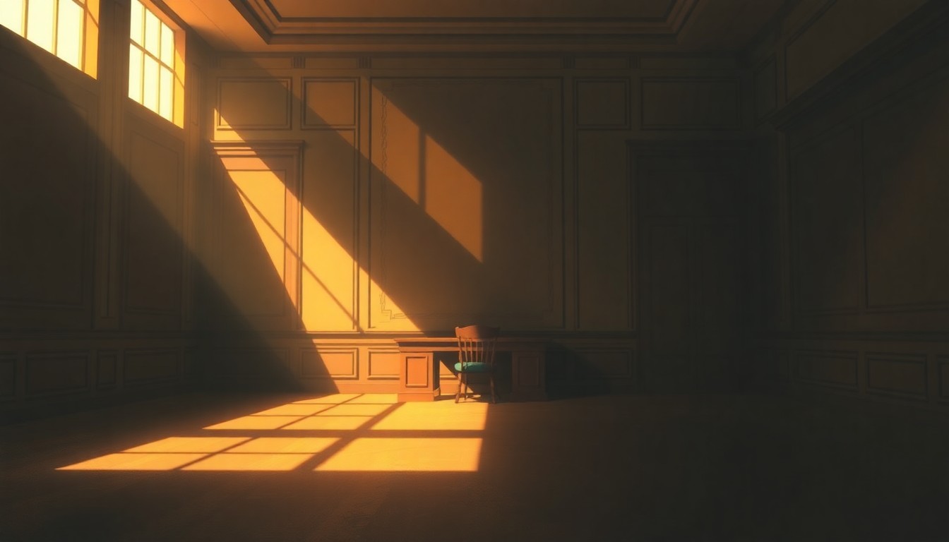 A serene, cinematic painting of an empty courtroom interior, with a lone chair and desk bathed in warm, diagonal sunlight and deep shadows, conveying a sense of contemplation and the weight of judicial decisions.