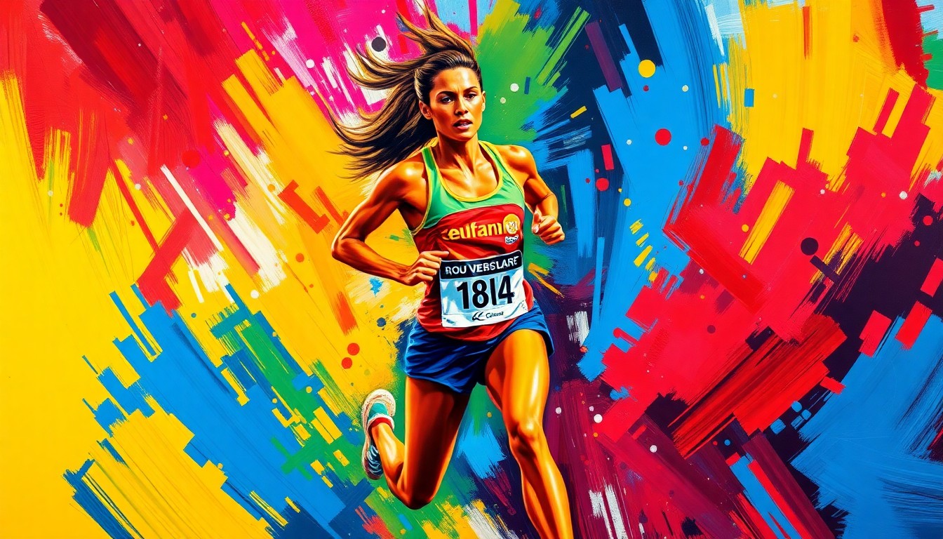 An abstract, energetic painting in neon colors depicting the dynamic motion of a female marathon runner, conveying the anticipation and excitement surrounding Emily Sisson's Boston Marathon debut.
